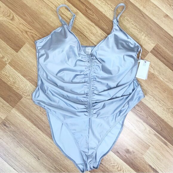 GOOD AMERICAN Silver Satin One Piece‎ Swimsuit Always Ruched Size 7 4X 4XL New - Picture 2 of 13